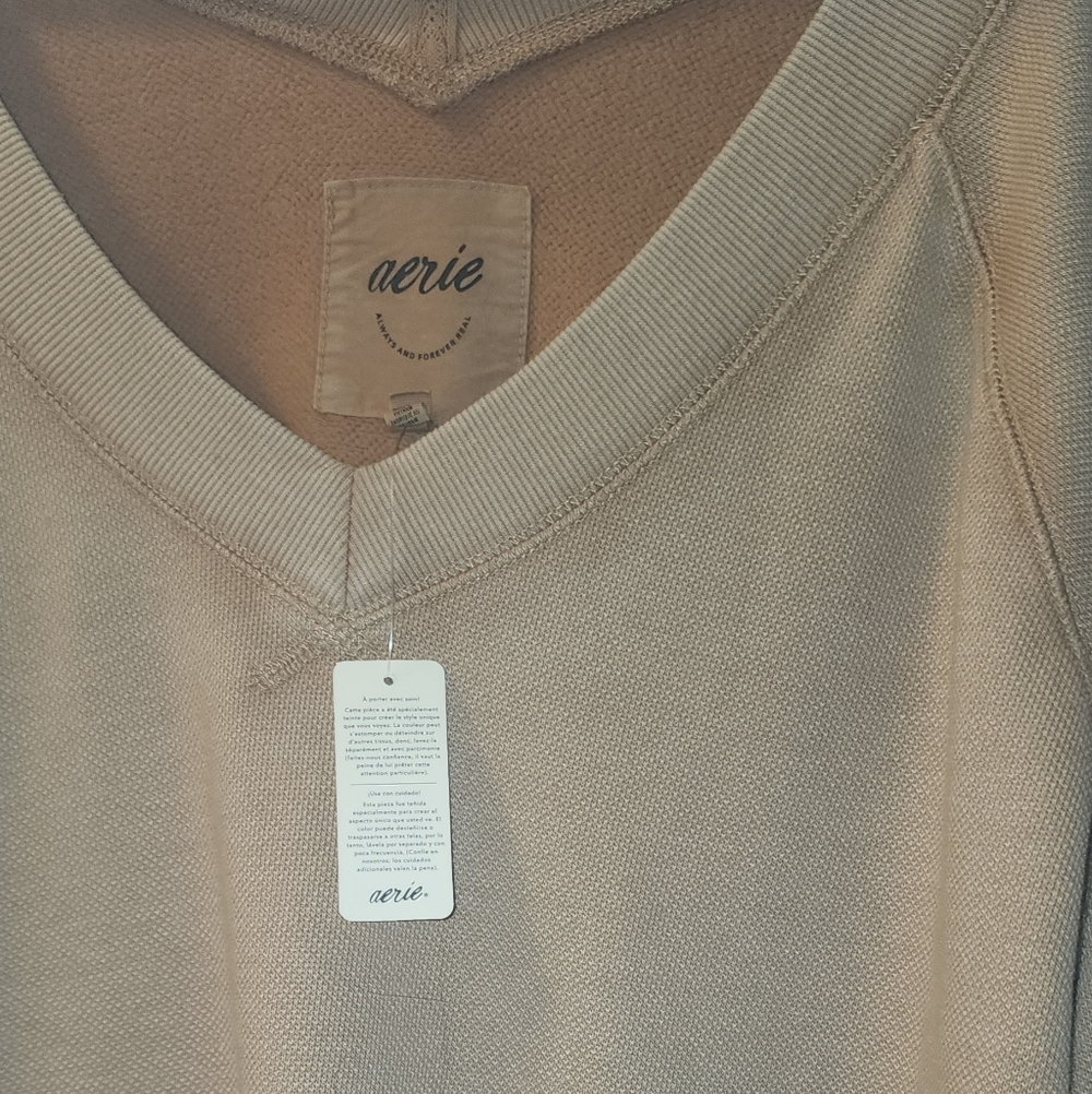 Aerie V-Neck Sweashirt in Warm Tan